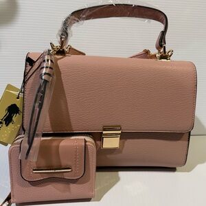 NWT 2PC Pink Vegan Leather Handbag with Crossbody Strap, Tassel and Wallet